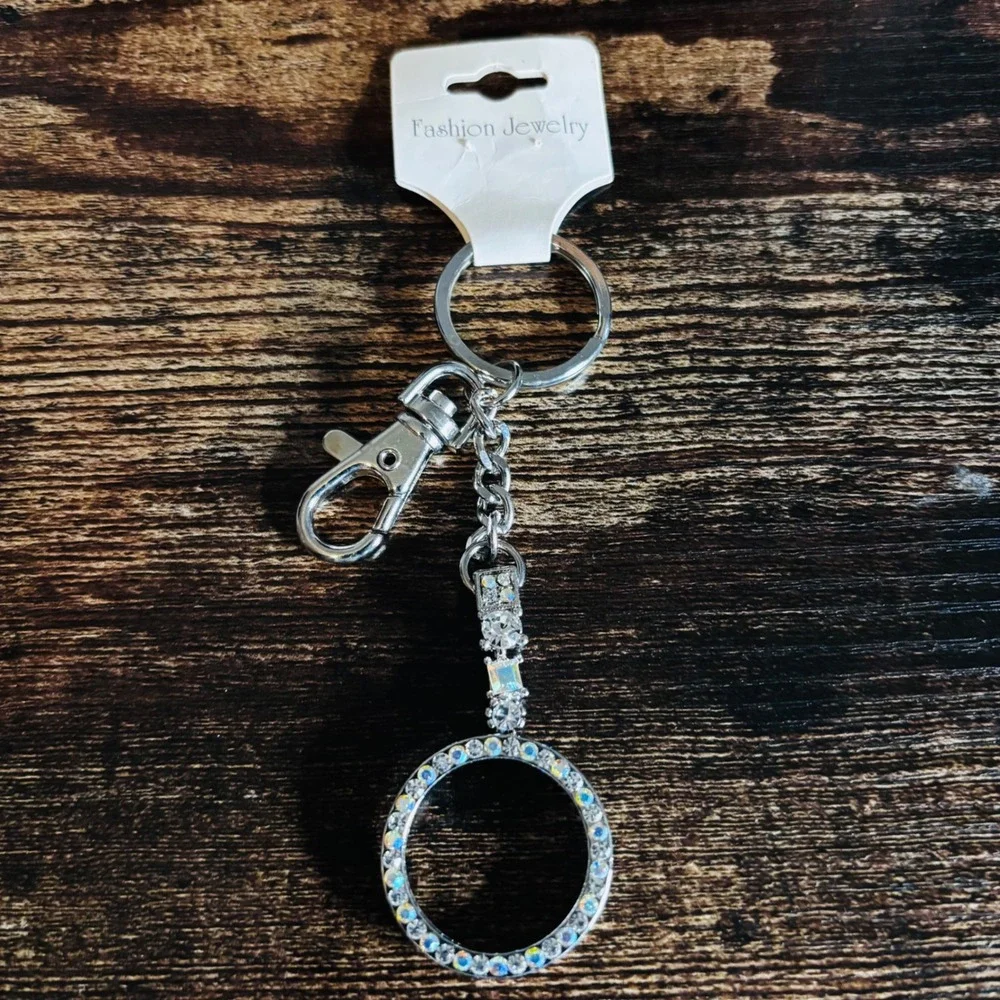 Silver Tone AB Rhinestone Circle Keychain Bag Charm Crystal Accent New